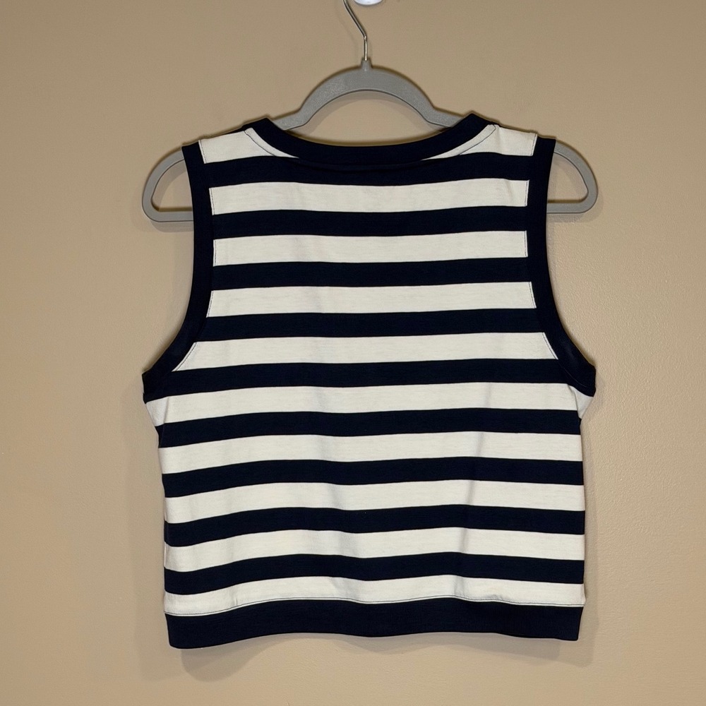 Ann Taylor Navy and White Striped V-Neck Sleeveless Button Cardigan - Picture 5 of 6
